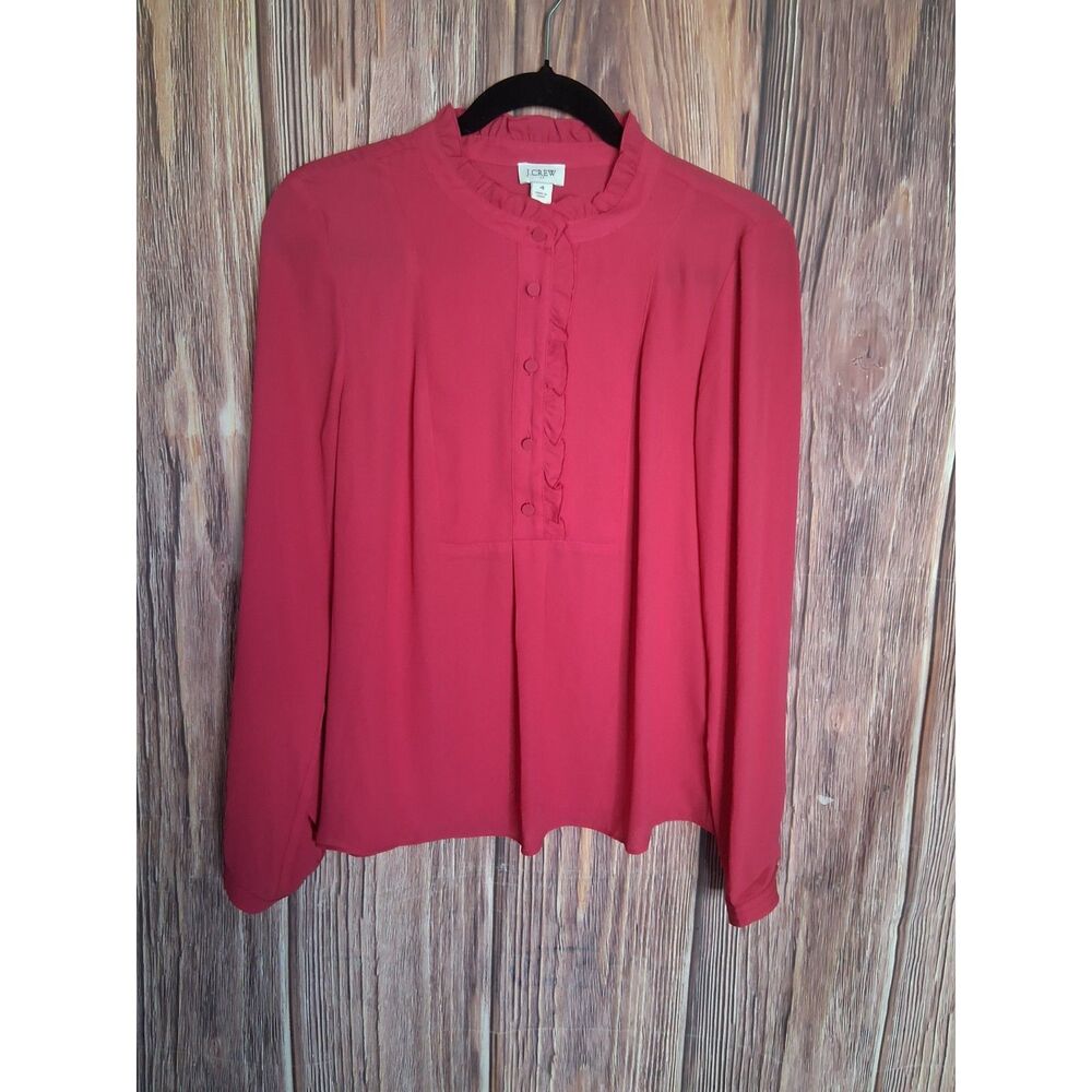 J crew red ruffle blouse long sleeve popover size 4 business casual preppy